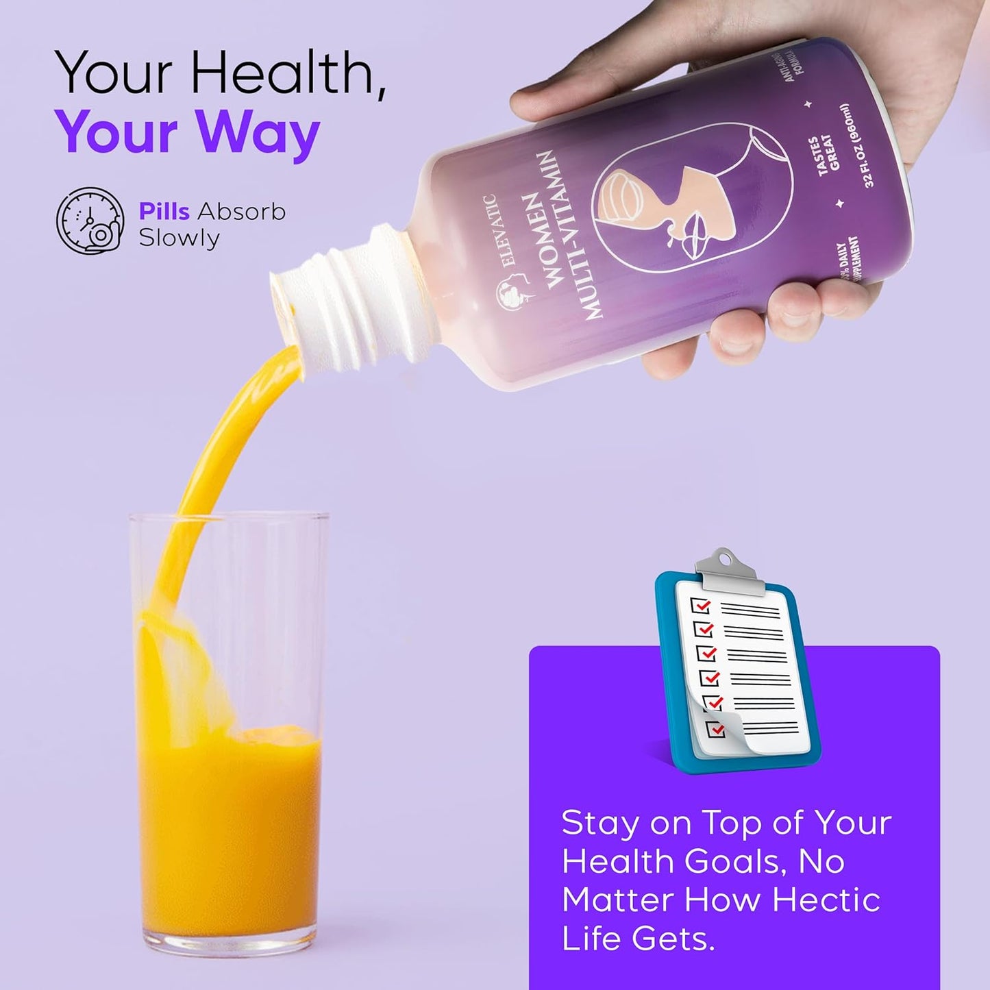 Elevatic Liquid Multivitamin for Women - 32Fl.oz (960ml) - Energy and Beauty Booster with 100% Organic Aloe Vera for Glowing Skin and Vibrant Health