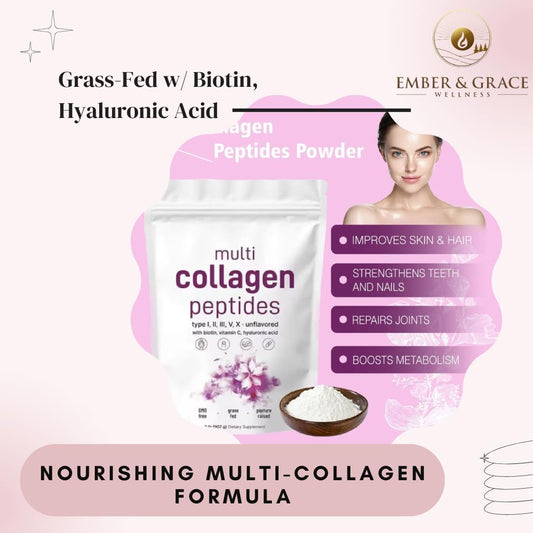 Ember & Grace Multi Collagen Protein Powder - Type I, II, III, V, X with Biotin, Hyaluronic Acid, Vitamin C - Unflavored Peptides - Keto & Paleo Friendly, Easy Dissolve, Non-GMO - Wellness Boost