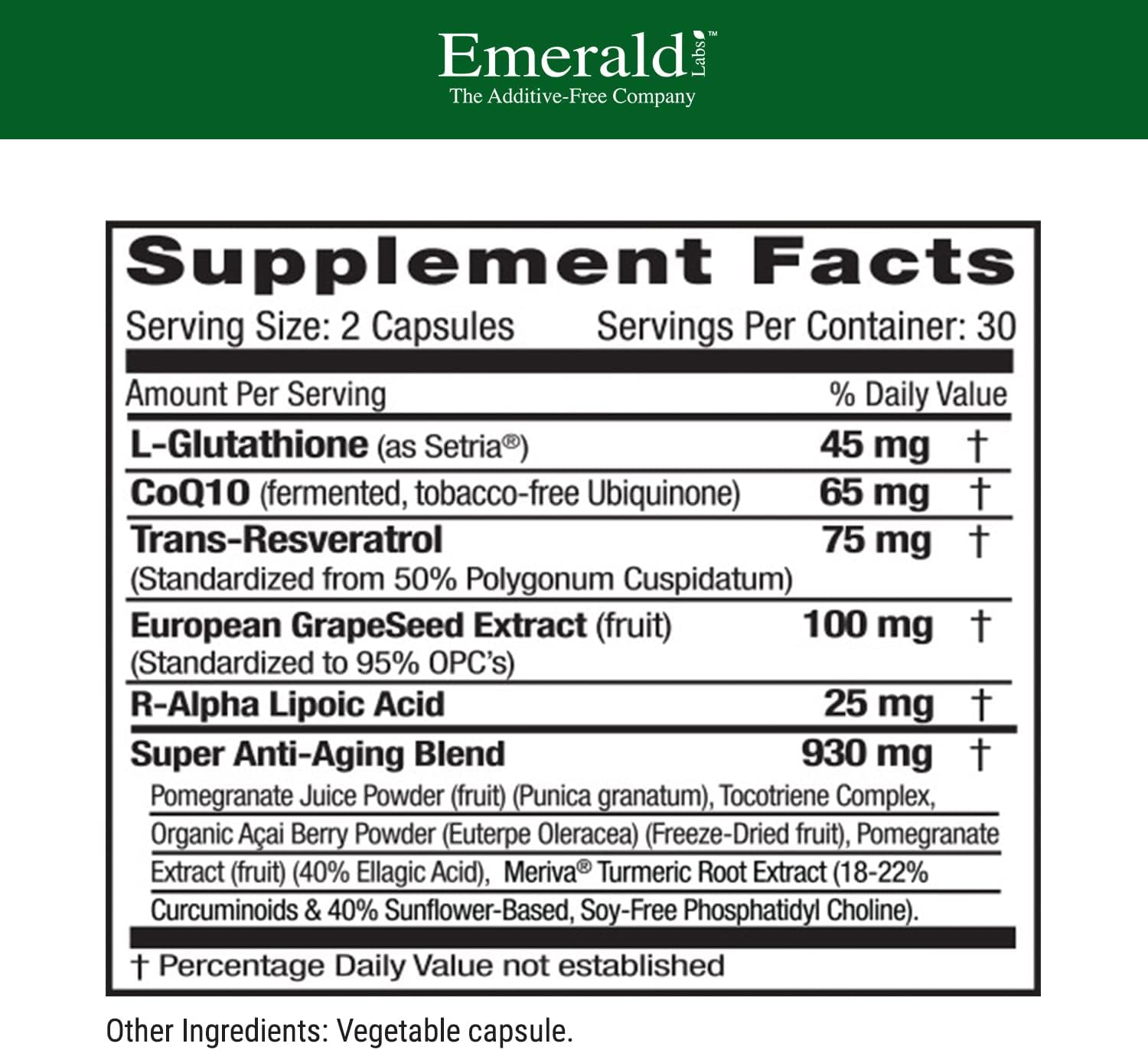 Emerald Labs Anti-Aging Cellular Complex with Setria L-Glutathione, CoQ10, Resveratrol - 60 Capsules