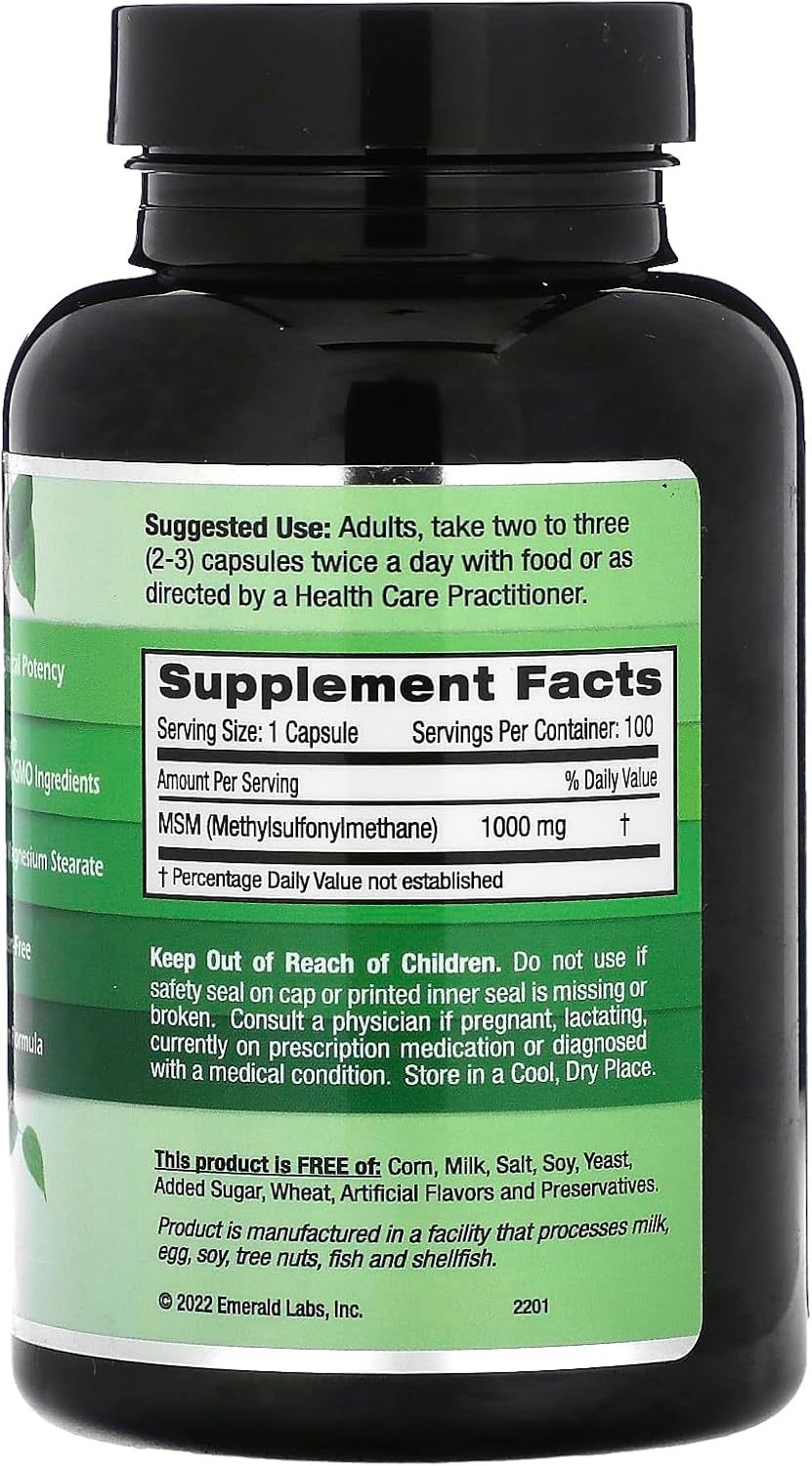 Emerald Labs MSM 1000mg - Gluten-Free Joint & Immune Health Support - Promotes Healthy Hair & Skin - 100 Veg Caps