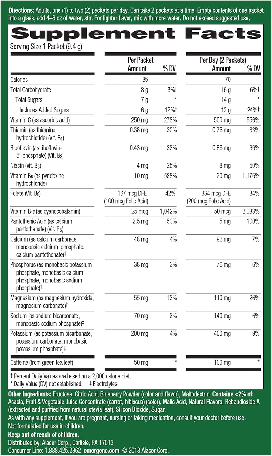 Emergen-C Energy+ Blueberry Acai Drink Mix - B Vitamins, Vitamin C, Natural Caffeine - Pack of 18 Powder Packets