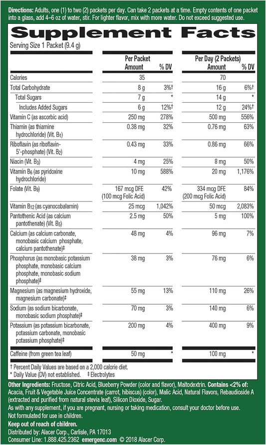 Emergen-C Energy+ Blueberry Acai Drink Mix - B Vitamins, Vitamin C, Natural Caffeine - Pack of 18 Powder Packets