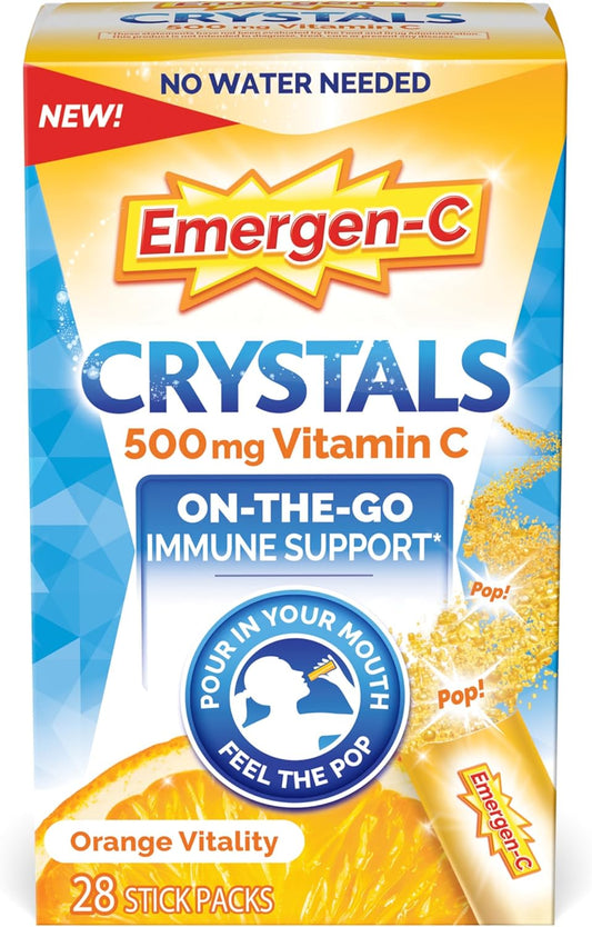 Emergen-C Orange Vitality Crystals - 28 Stick Packs for Immune Support with Vitamin C, B Vitamins, Zinc, and Manganese