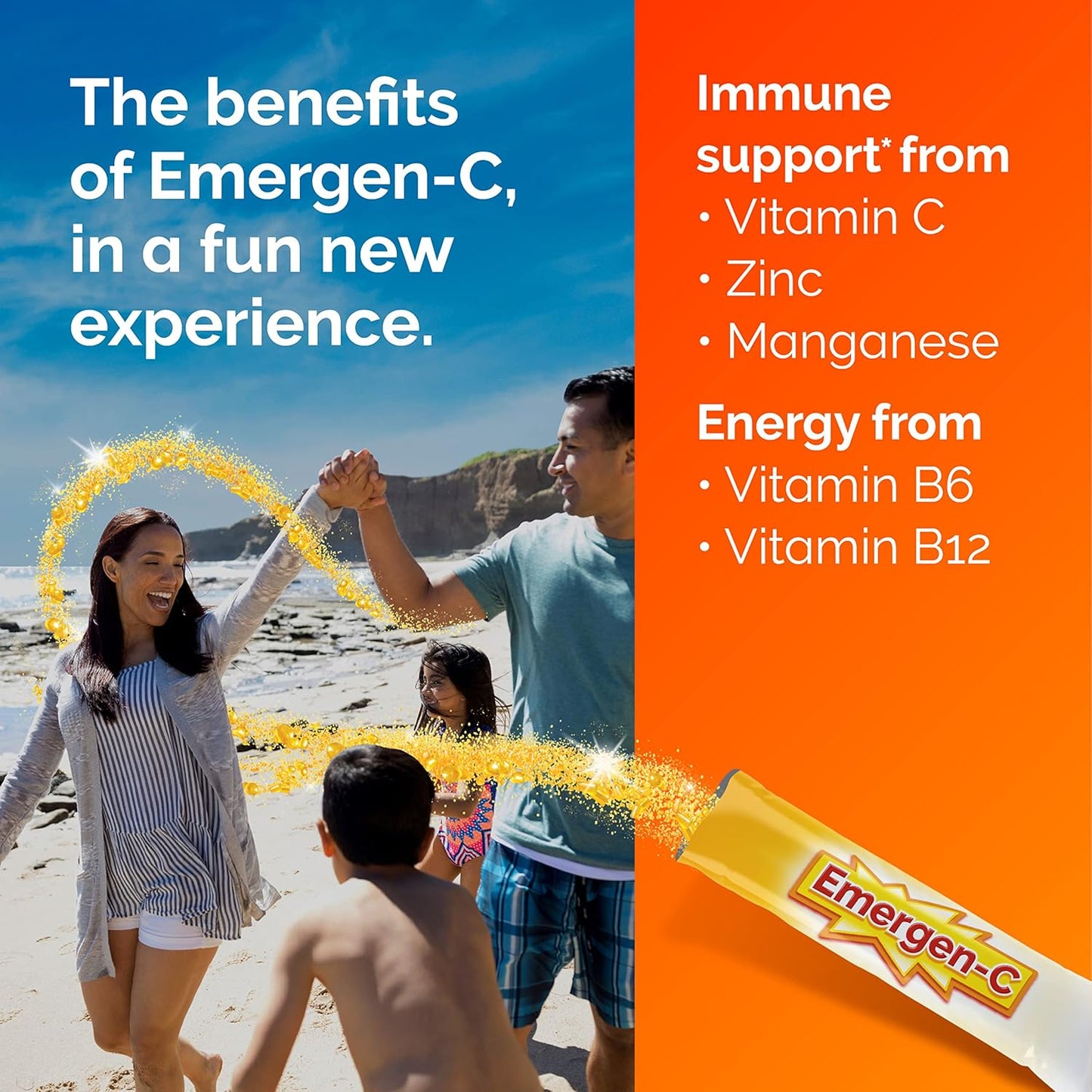 Emergen-C Orange Vitality Crystals - 28 Stick Packs for Immune Support with Vitamin C, B Vitamins, Zinc, and Manganese