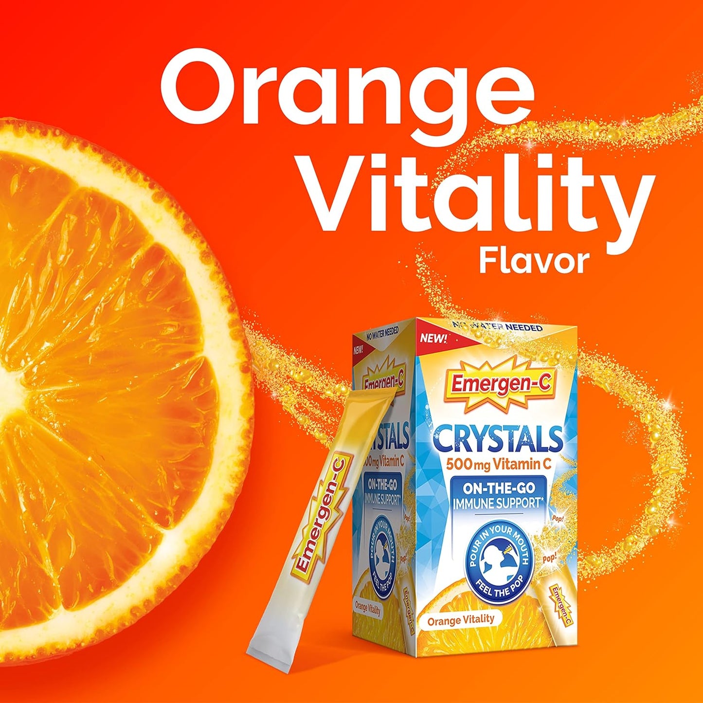 Emergen-C Orange Vitality Crystals - 28 Stick Packs for Immune Support with Vitamin C, B Vitamins, Zinc, and Manganese