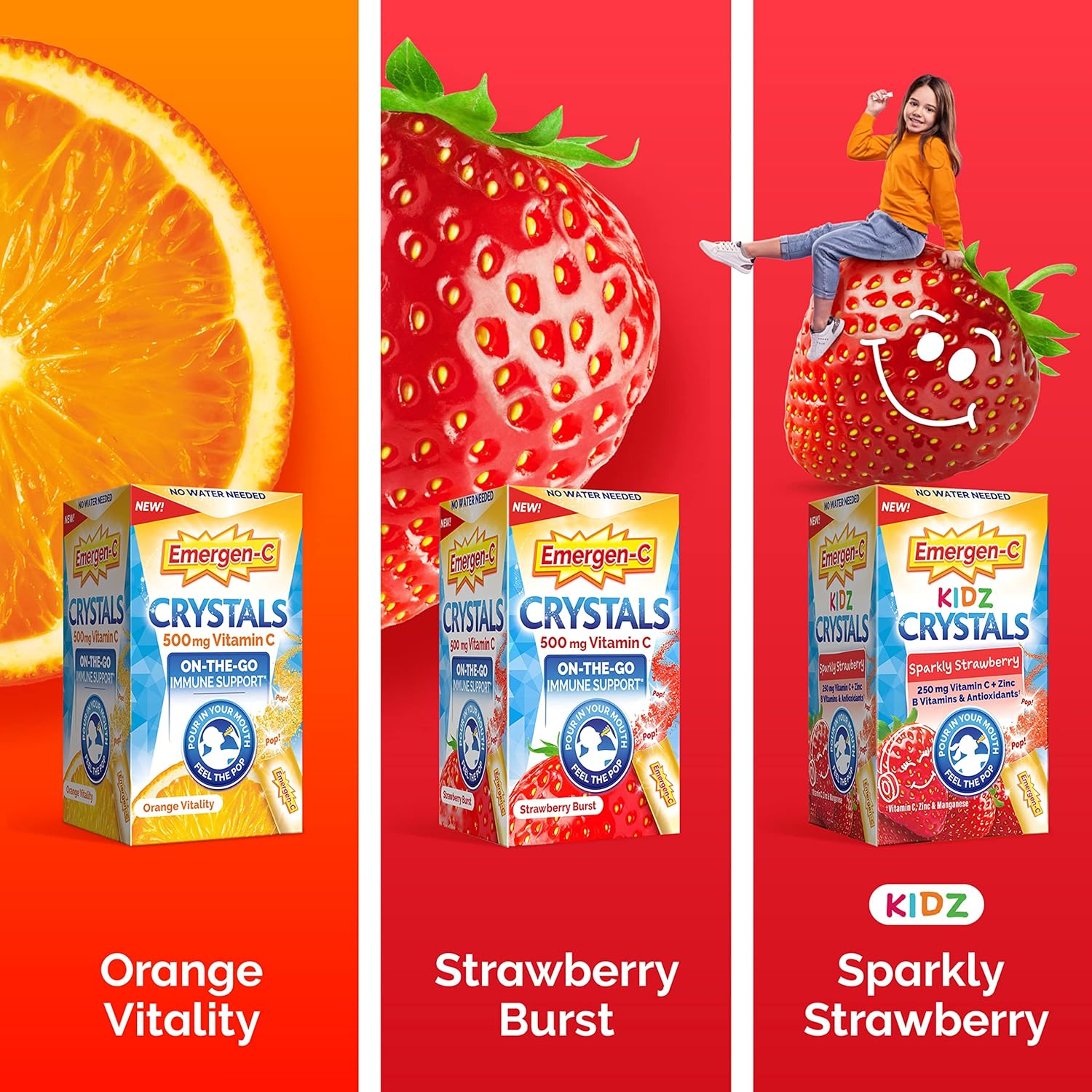 Emergen-C Orange Vitality Crystals - 28 Stick Packs for Immune Support with Vitamin C, B Vitamins, Zinc, and Manganese