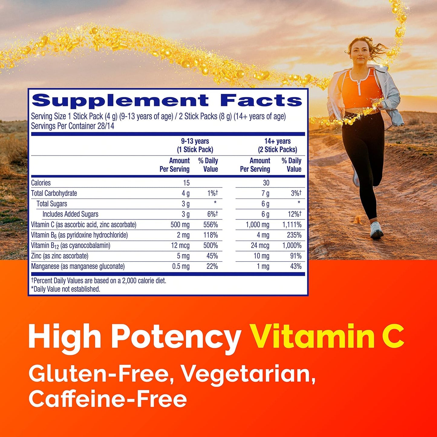 Emergen-C Orange Vitality Crystals - 28 Stick Packs for Immune Support with Vitamin C, B Vitamins, Zinc, and Manganese