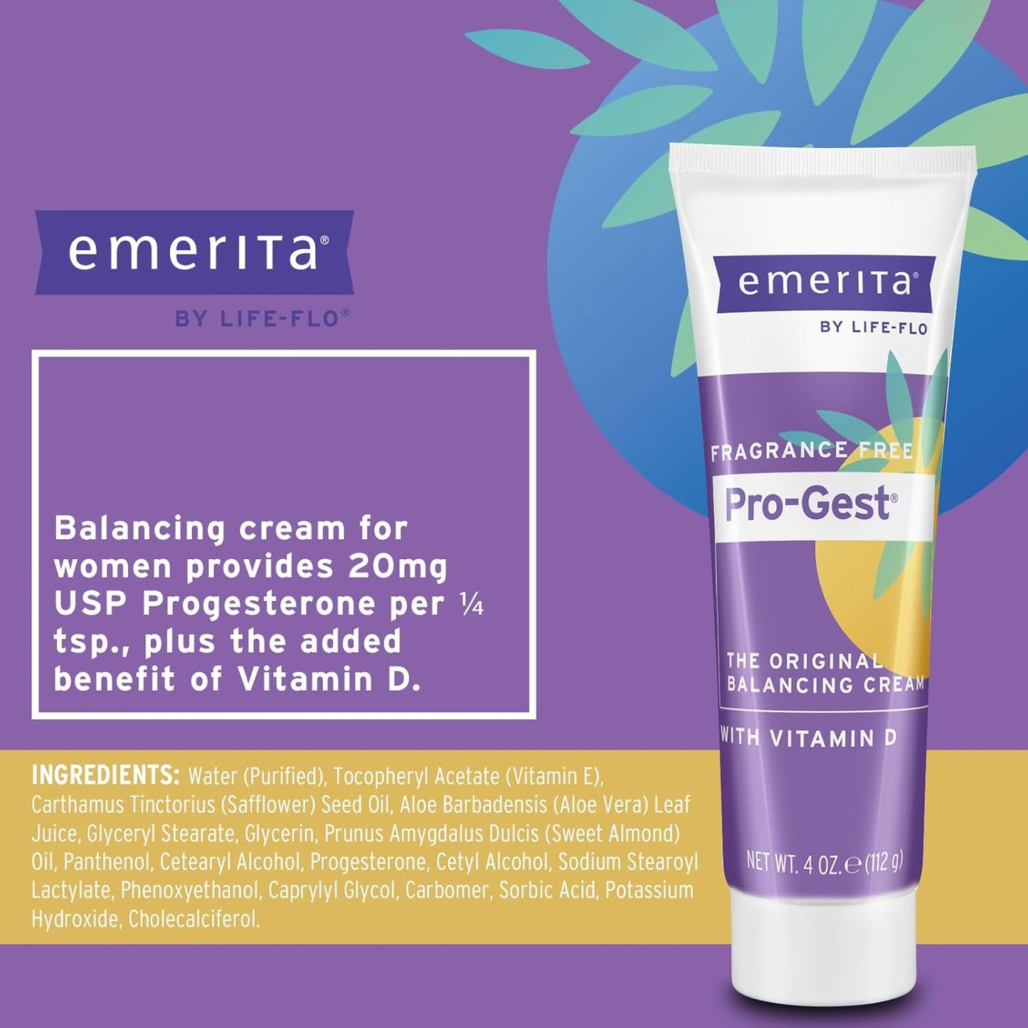 Emerita Pro-Gest Balancing Cream with Vitamin D, 4oz - USP Progesterone Cream for Women - Wild Yam Extract, Fragrance-Free - 60-Day Guarantee