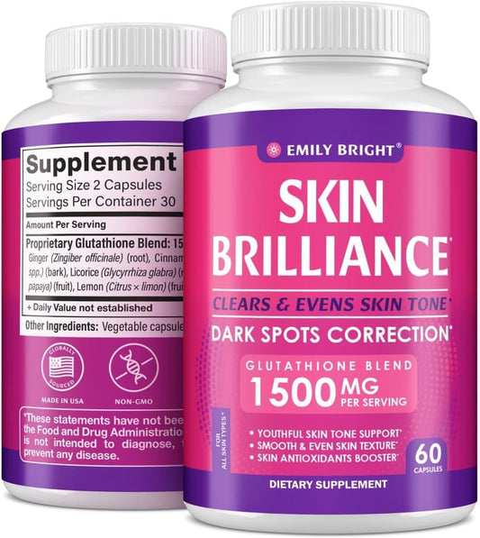 Emily Bright INC Glutathione Capsules - Skin Tone Enhancer with 1,500mcg Supplement - Targets Dark Spots, Acne Marks - Potent Antioxidant - 60 Capsules for Radiant Skin