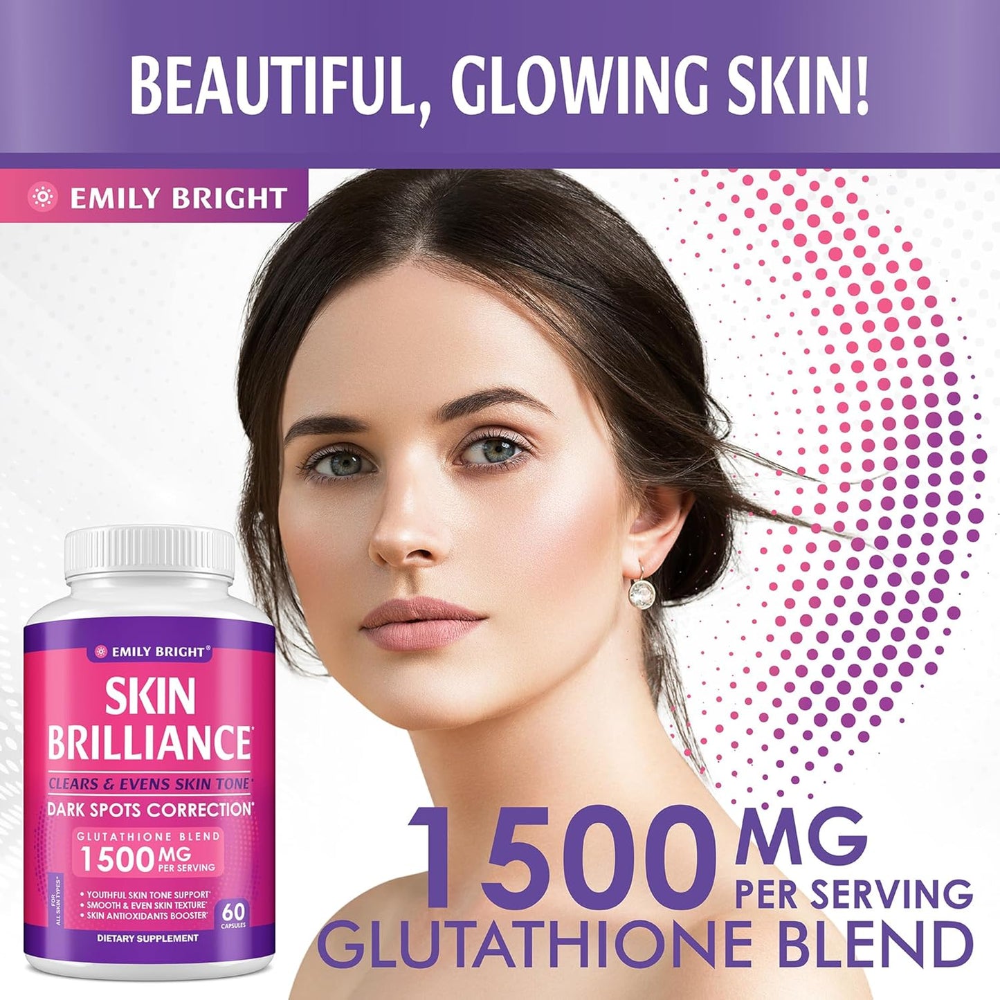 Emily Bright INC Glutathione Capsules - Skin Tone Enhancer with 1,500mcg Supplement - Targets Dark Spots, Acne Marks - Potent Antioxidant - 60 Capsules for Radiant Skin