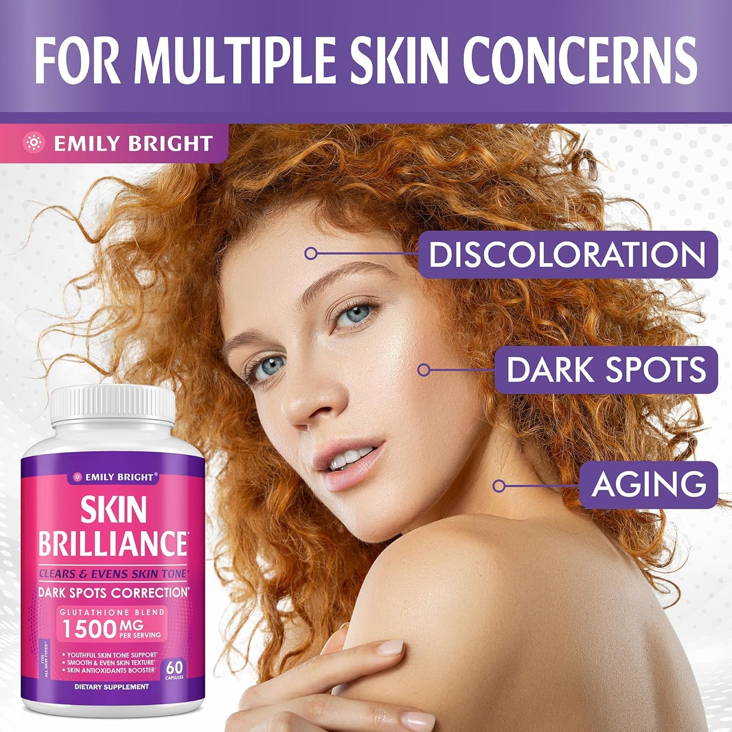 Emily Bright INC Glutathione Capsules - Skin Tone Enhancer with 1,500mcg Supplement - Targets Dark Spots, Acne Marks - Potent Antioxidant - 60 Capsules for Radiant Skin