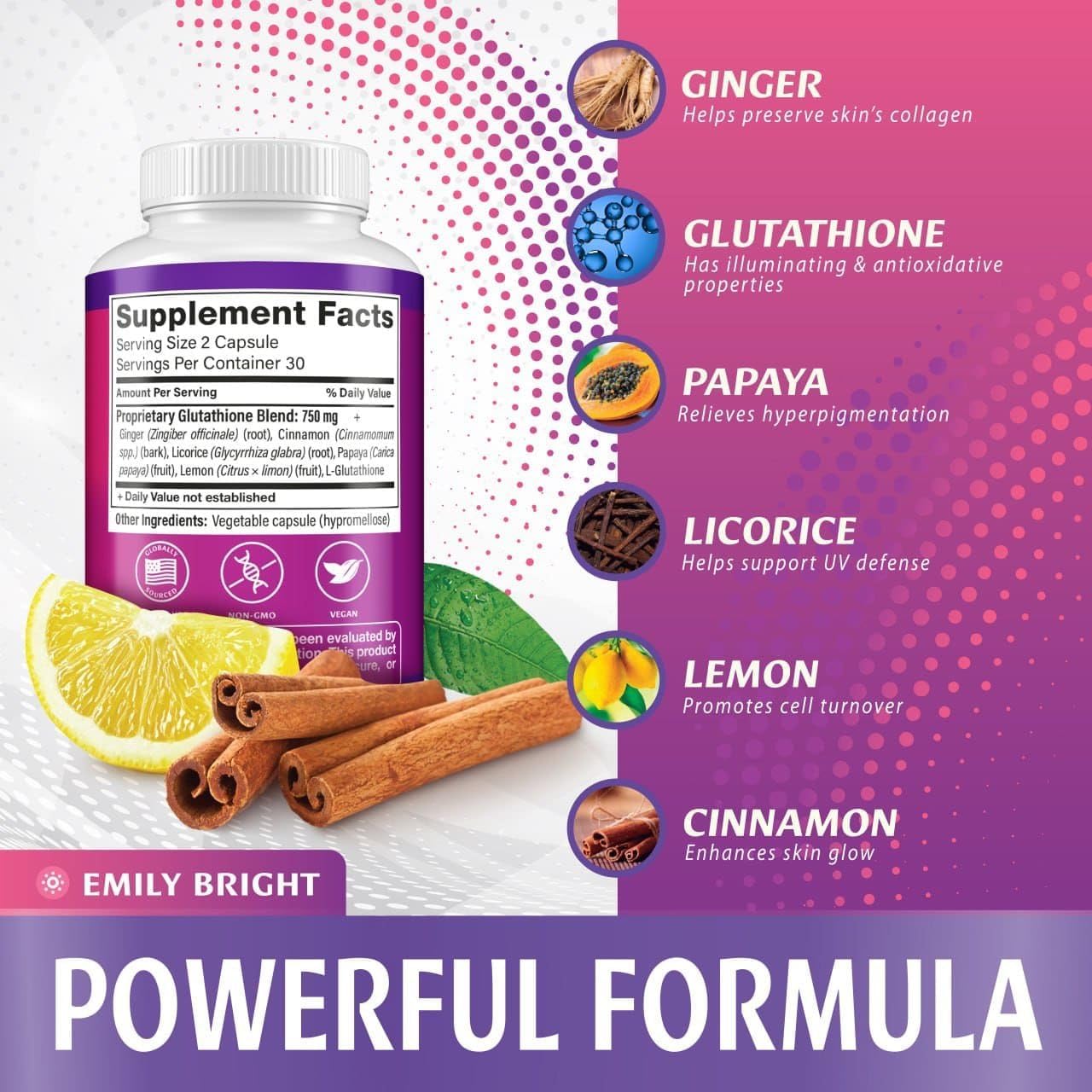 Emily Bright INC Glutathione Capsules - Skin Tone Enhancer with 1,500mcg Supplement - Targets Dark Spots, Acne Marks - Potent Antioxidant - 60 Capsules for Radiant Skin