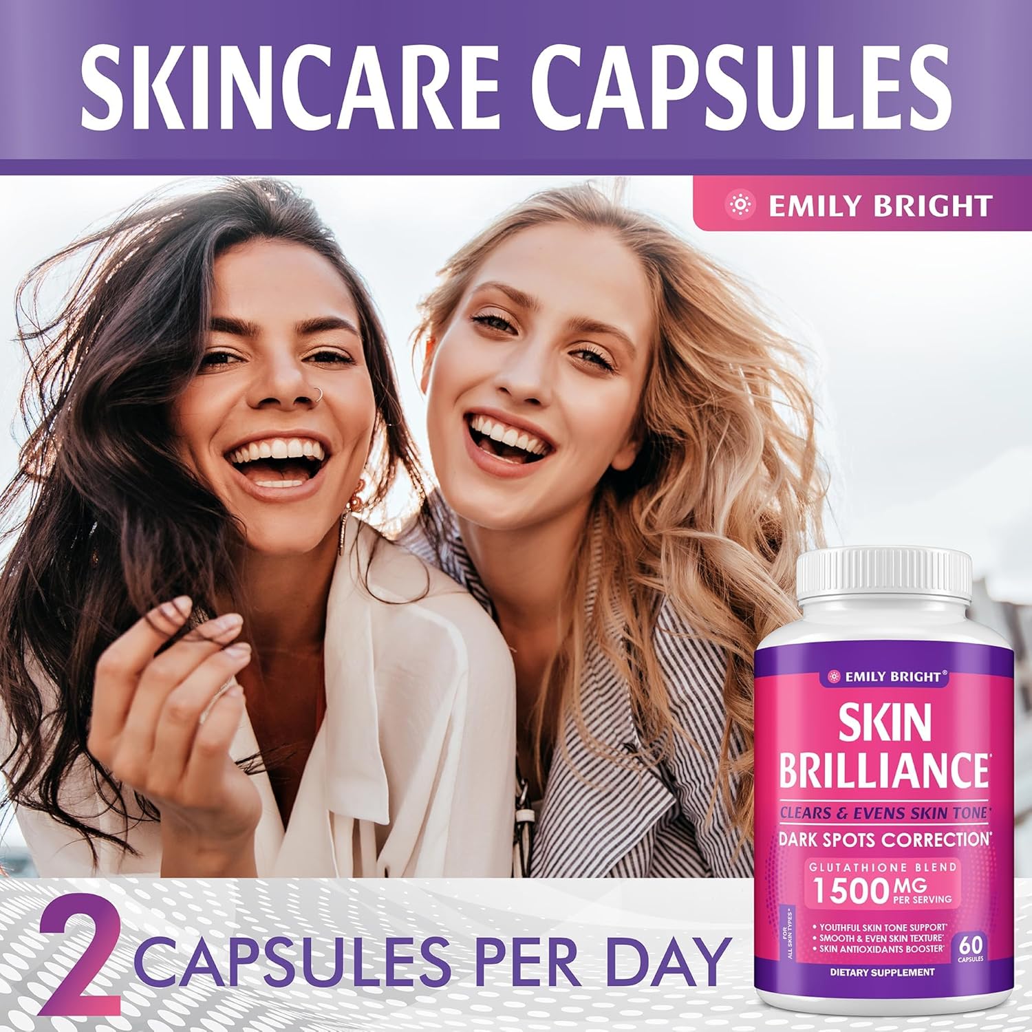 Emily Bright INC Glutathione Capsules - Skin Tone Enhancer with 1,500mcg Supplement - Targets Dark Spots, Acne Marks - Potent Antioxidant - 60 Capsules for Radiant Skin