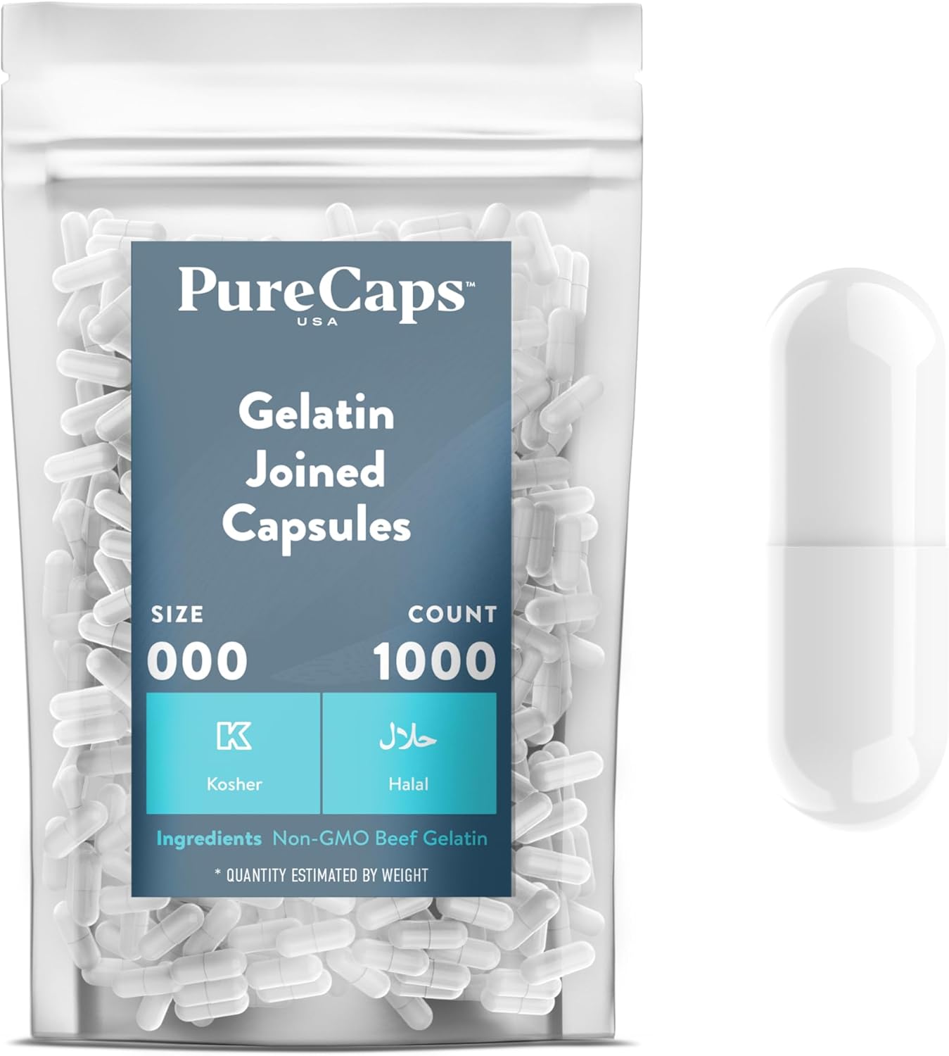 Empty Gelatin Capsules Size 000 - 1,000 White Gel Pills - Non-GMO, Kosher, Gluten-Free, Halal - PureCaps USA