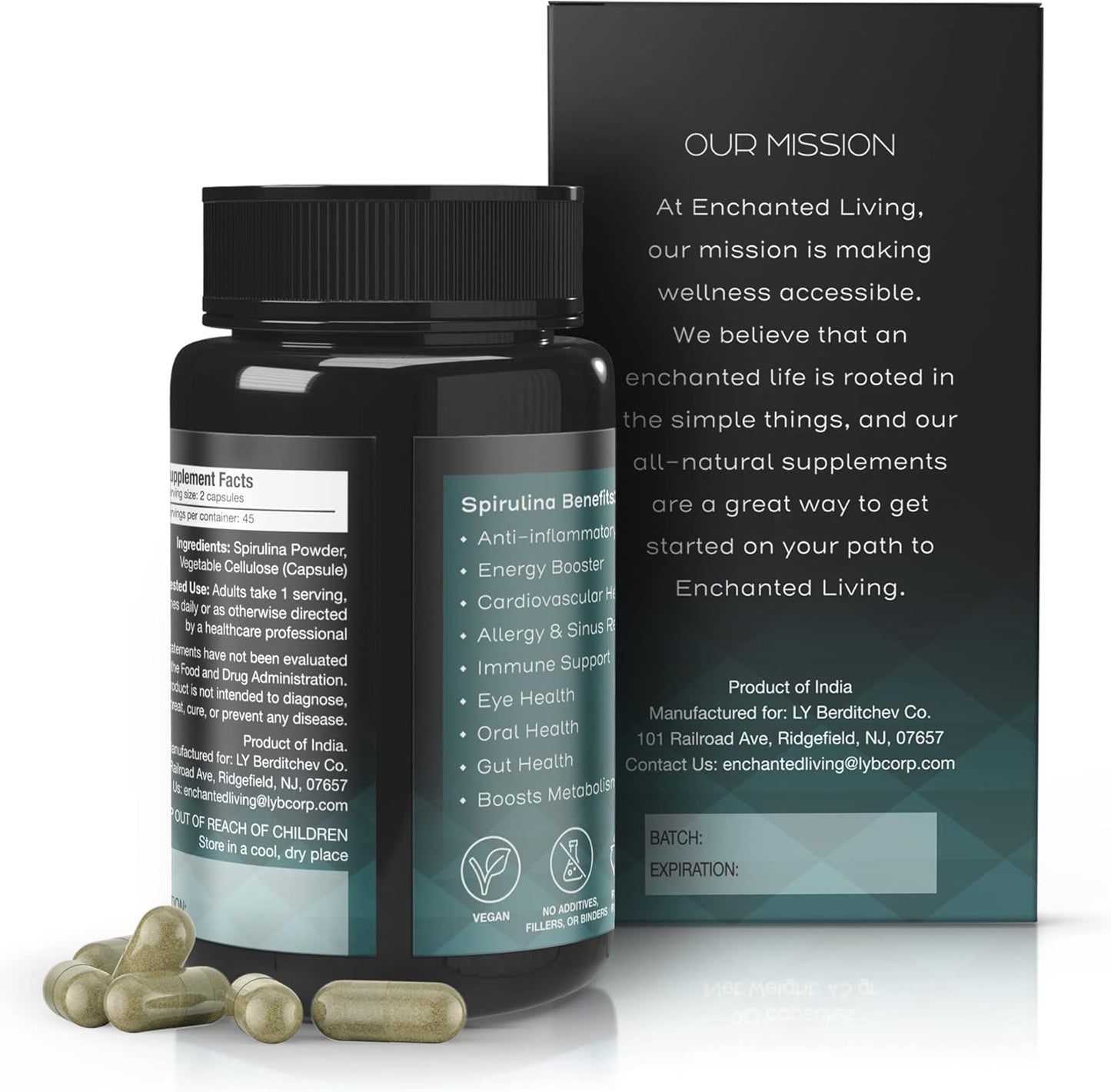 Enchanted Living High-Potency Spirulina Capsules - 90 Count, 500 mg, Plant-Based Superfood Supplement, Non-GMO Vegan Capsules