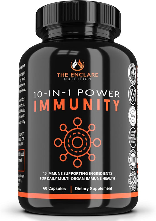 Enclare Nutrition 10-in-1 Immune Support Supplement with Echinacea, Vitamin C, Zinc, Turmeric, Ginger, B6, Elderberry - 60 Veg Caps - USA Made