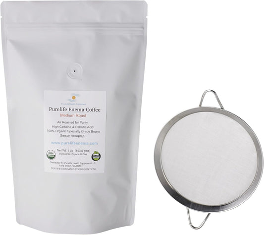 Enema Coffee Kit with Mold-Free Strainer - Medium Ground Air Roasted - Gerson Approved - Direct from Manufacturer