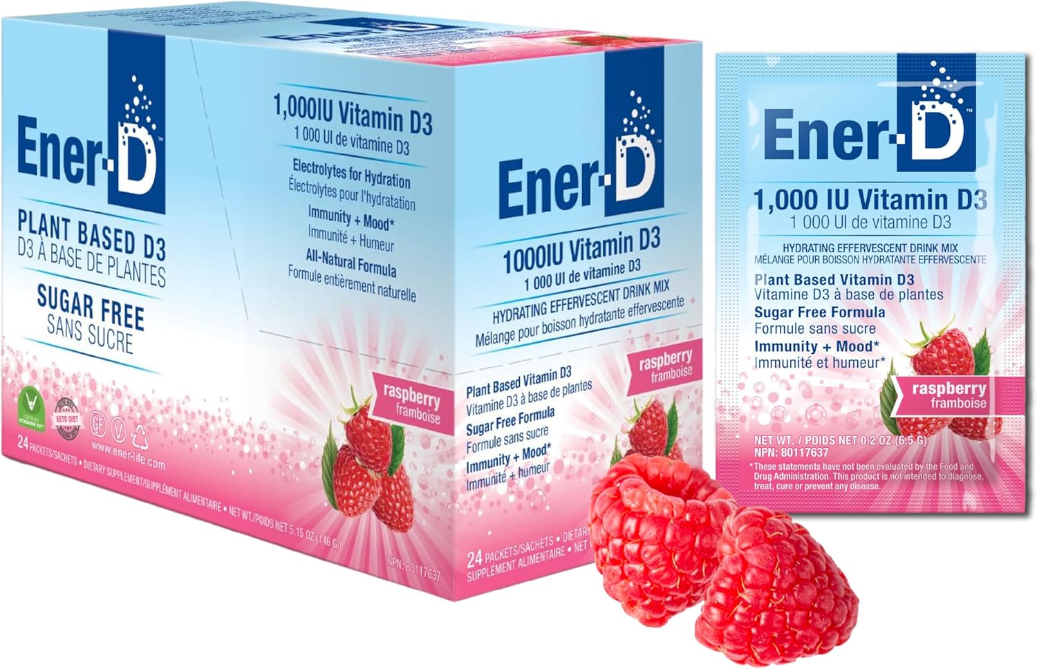 Ener-C Ener-D Raspberry Multivitamin Drink Powder - Sugar Free with Vitamin D3 for Immune & Energy Support - Men & Women - Zinc, Vitamin B & C, Electrolytes - Vegan, Non-GMO - 24 Servings