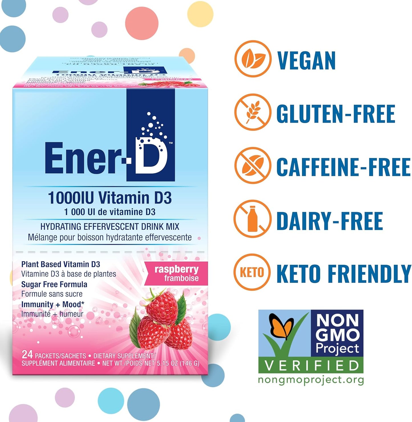 Ener-C Ener-D Raspberry Multivitamin Drink Powder - Sugar Free with Vitamin D3 for Immune & Energy Support - Men & Women - Zinc, Vitamin B & C, Electrolytes - Vegan, Non-GMO - 24 Servings
