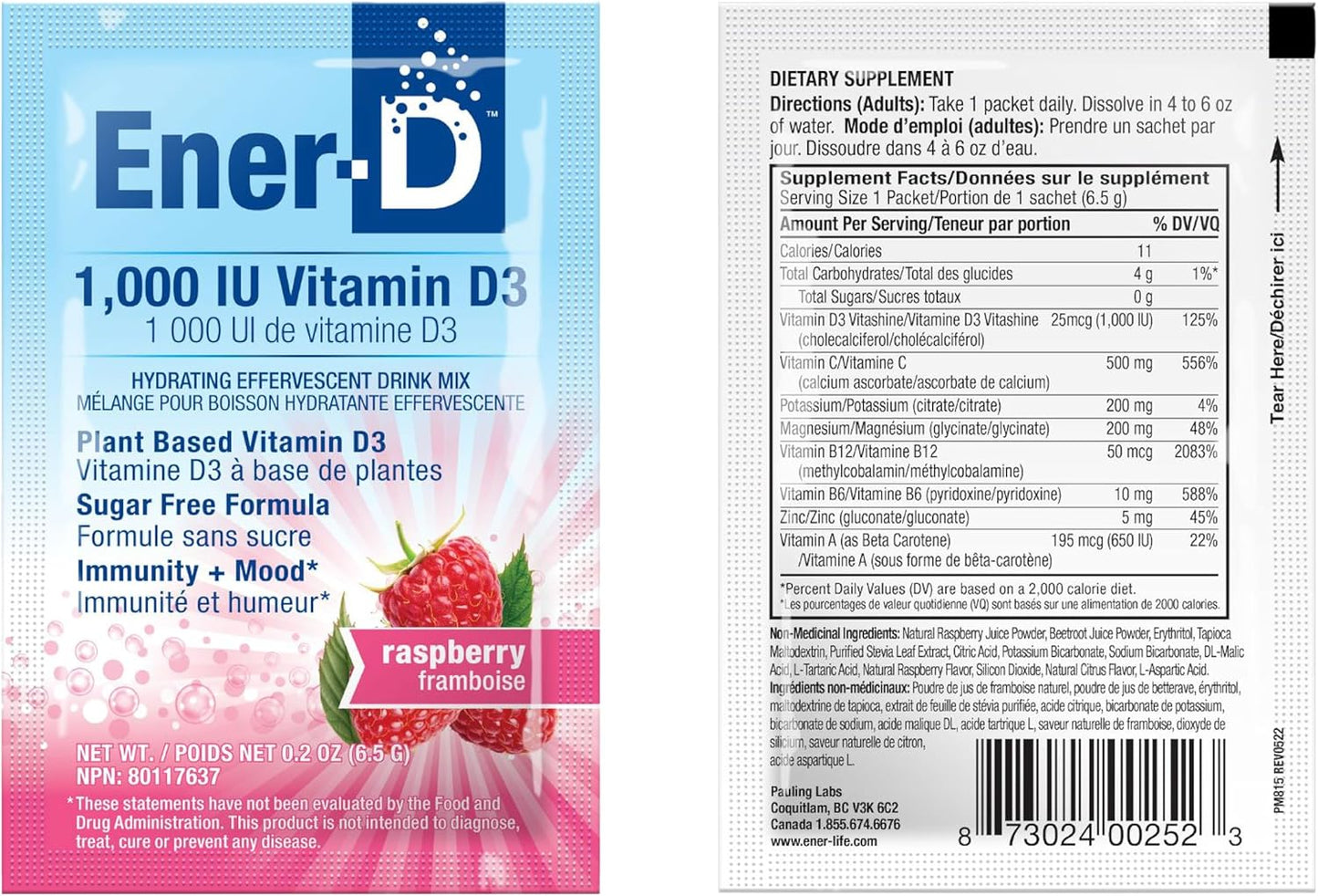 Ener-C Ener-D Raspberry Multivitamin Drink Powder - Sugar Free with Vitamin D3 for Immune & Energy Support - Men & Women - Zinc, Vitamin B & C, Electrolytes - Vegan, Non-GMO - 24 Servings