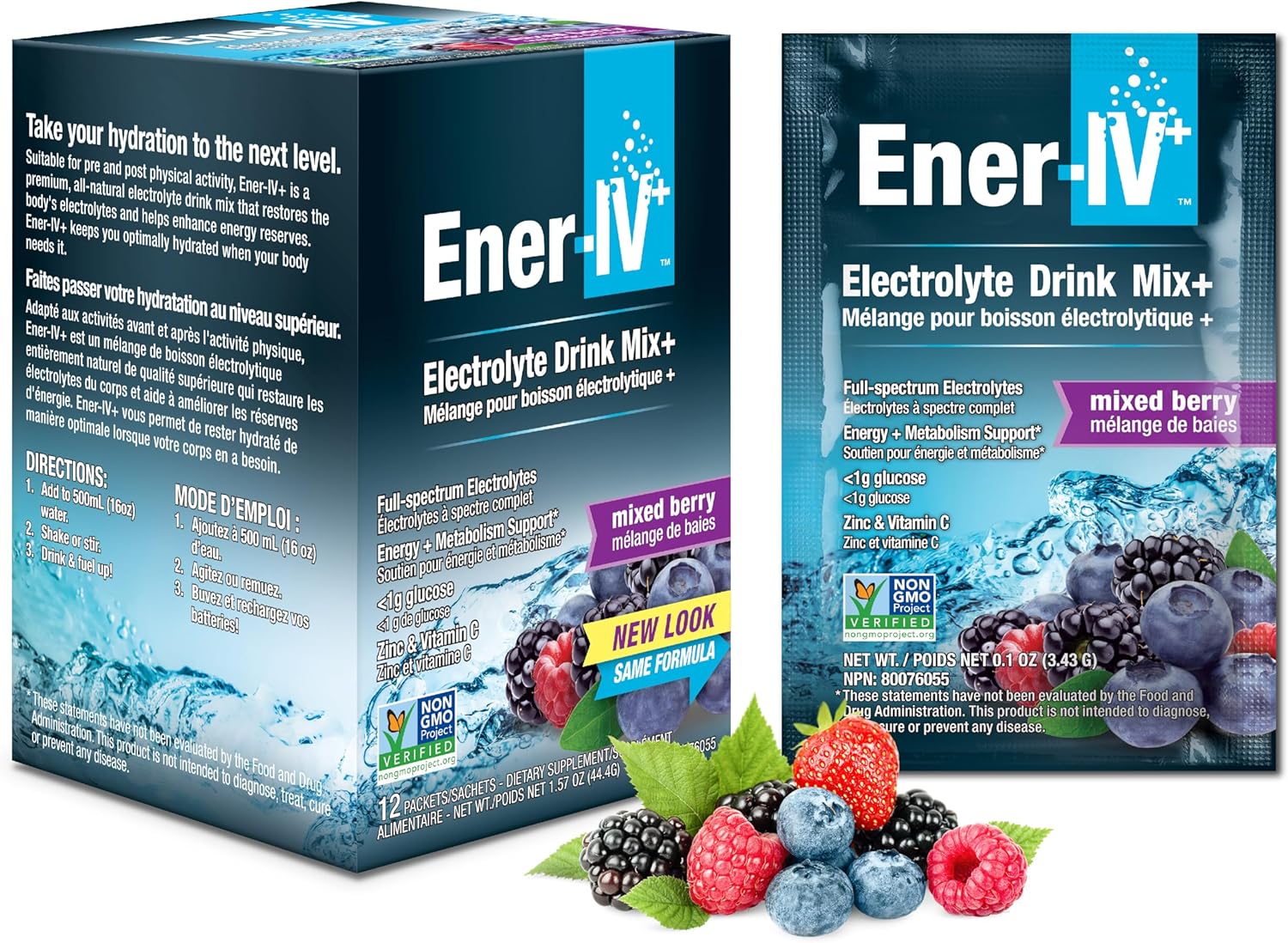 Ener-C Ener-IV Electrolyte Hydration & Energy Drink Powder Packets, Mixed Berry Flavor - 12 Count, Low Sugar Vegan Formula with Potassium, Vitamin C, and Zinc for Muscle Recovery and Immunity Support
