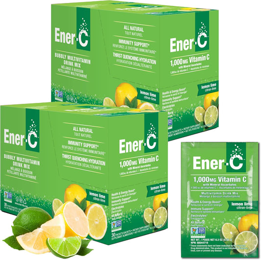 Ener-C Lemon Lime Multivitamin Drink Mix Powder with 1000mg Vitamin C & Electrolytes - Natural Energy & Immune Support - Non-GMO Vegan & Gluten Free - 60 Packets