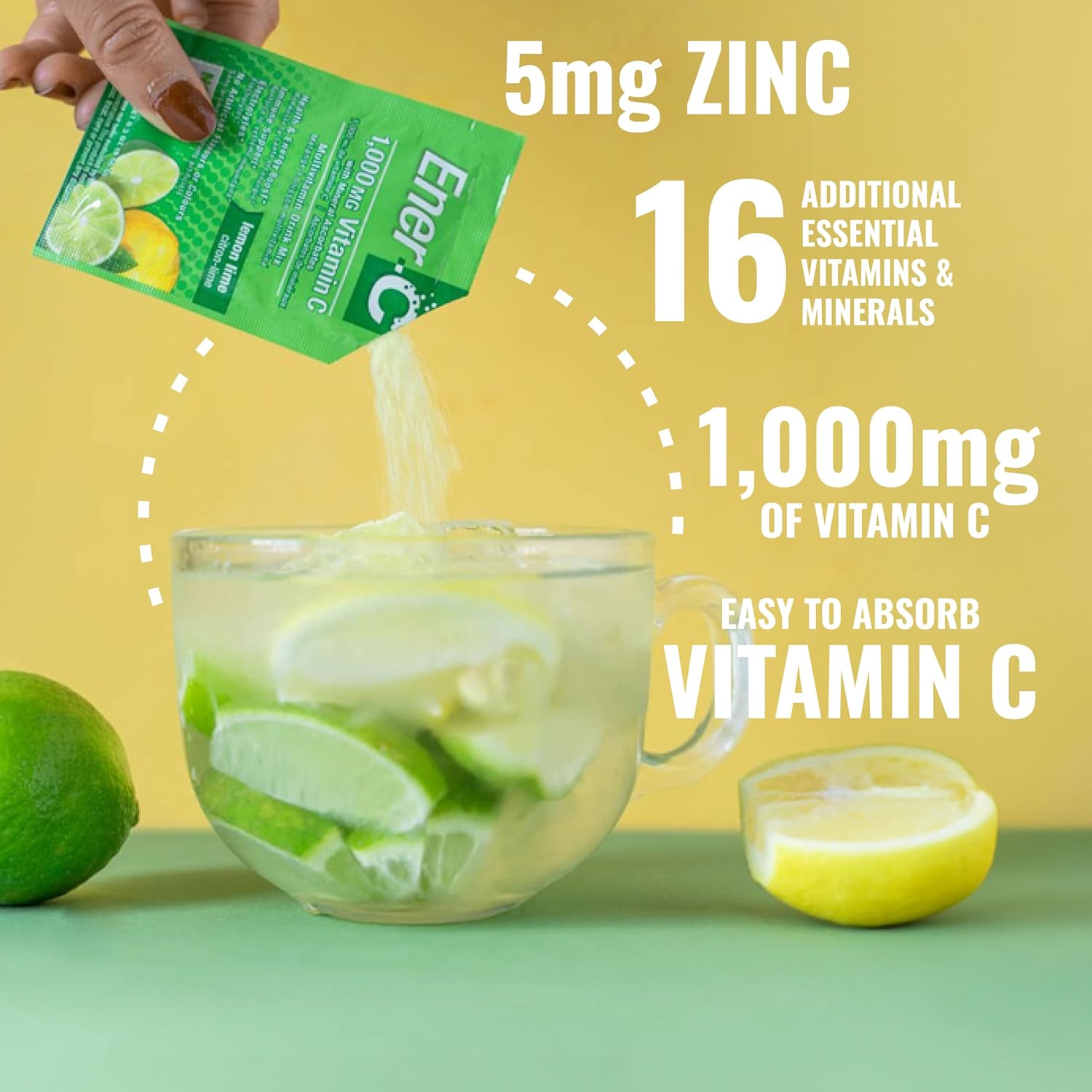 Ener-C Lemon Lime Multivitamin Drink Mix Powder with 1000mg Vitamin C & Electrolytes - Natural Energy & Immune Support - Non-GMO Vegan & Gluten Free - 60 Packets