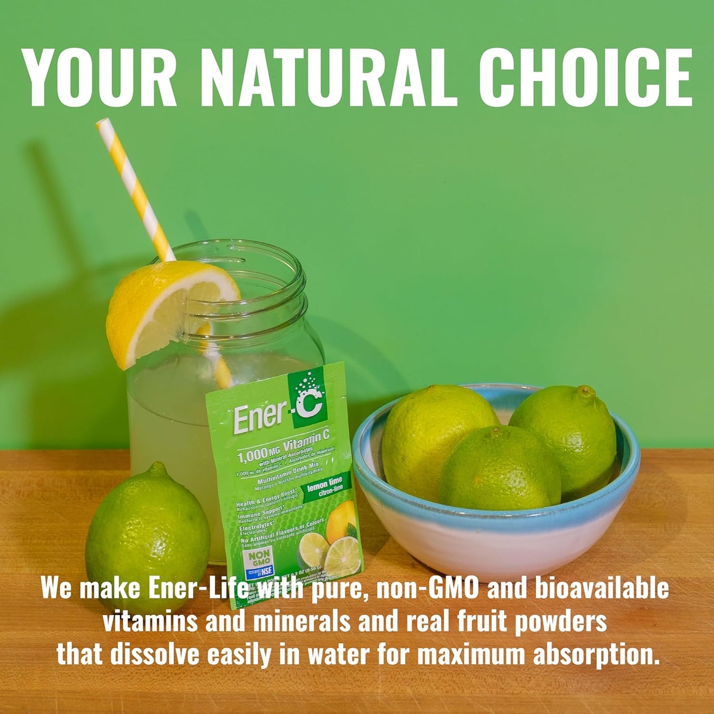 Ener-C Lemon Lime Multivitamin Drink Mix Powder with 1000mg Vitamin C & Electrolytes - Natural Energy & Immune Support - Non-GMO Vegan & Gluten Free - 60 Packets