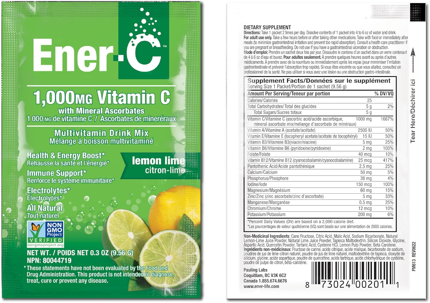 Ener-C Lemon Lime Multivitamin Drink Mix Powder with 1000mg Vitamin C & Electrolytes - Natural Energy & Immune Support - Non-GMO Vegan & Gluten Free - 60 Packets