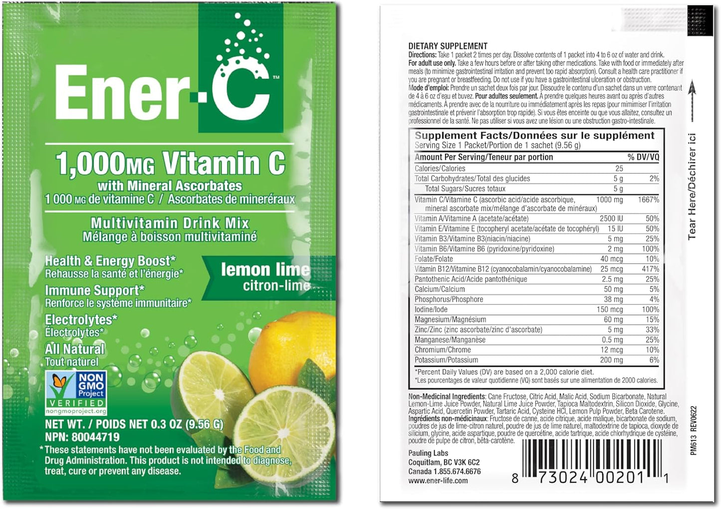 Ener-C Multivitamin Drink Mix - Vitamin Packets for Water, Electrolytes Powder, Healthy Energy, Immune Booster - Lemon Lime, 30 Count