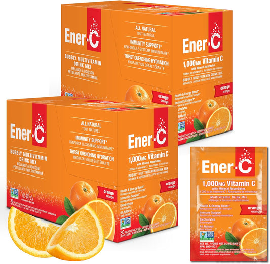 Ener-C Orange Multivitamin Drink Mix Powder with 1000mg Vitamin C & Electrolytes - Natural Energy & Immune Support - Non-GMO Vegan & Gluten Free - 60 Packets