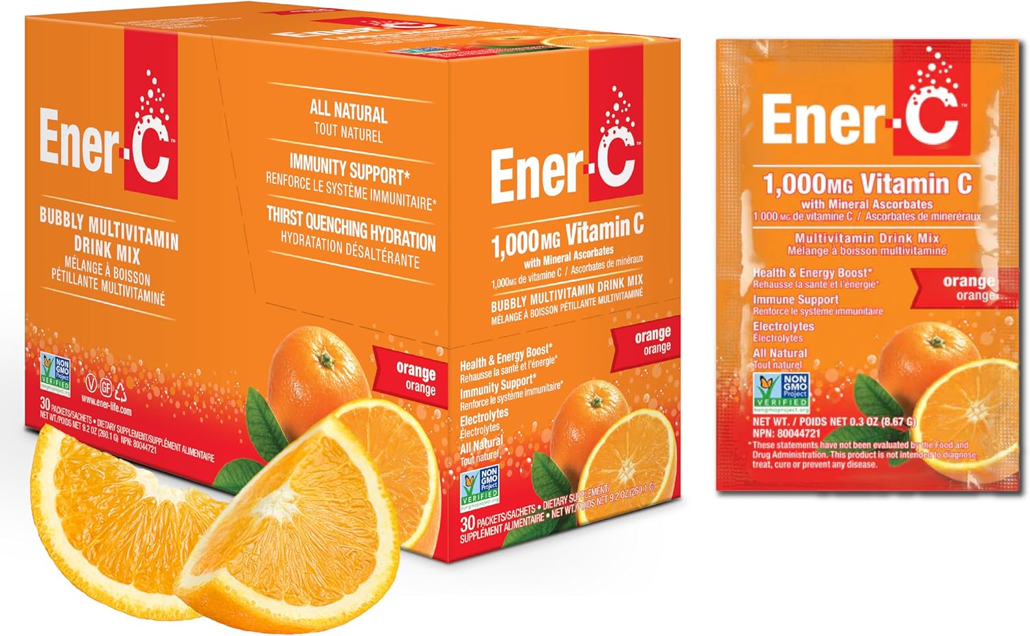 Ener-C Orange Multivitamin Drink Mix Powder with 1000mg Vitamin C & Electrolytes - Natural Energy & Immune Support for Women & Men - Vegan & Gluten Free - 30 Packets