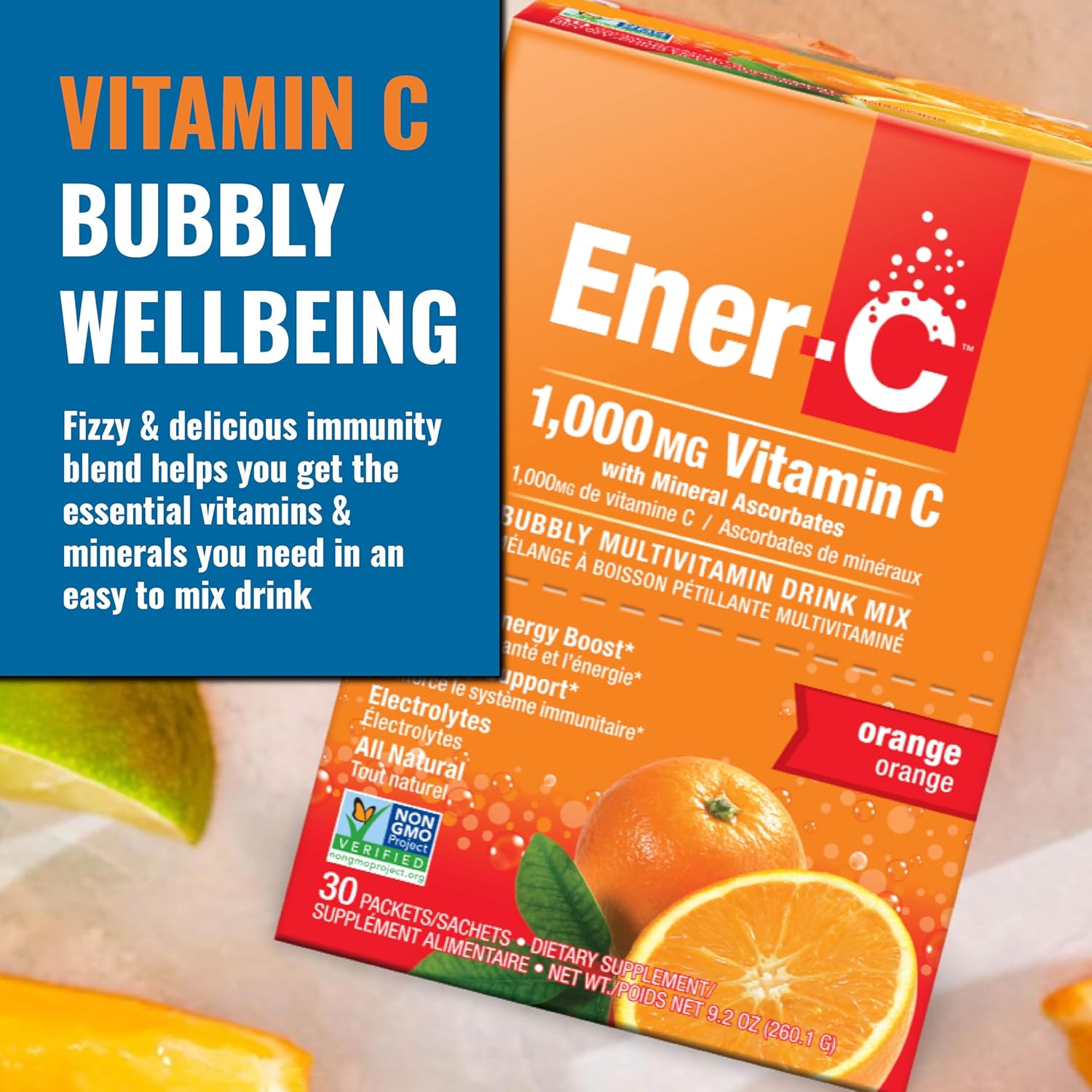 Ener-C Orange Multivitamin Drink Mix Powder with 1000mg Vitamin C & Electrolytes - Natural Energy & Immune Support - Non-GMO Vegan & Gluten Free - 60 Packets