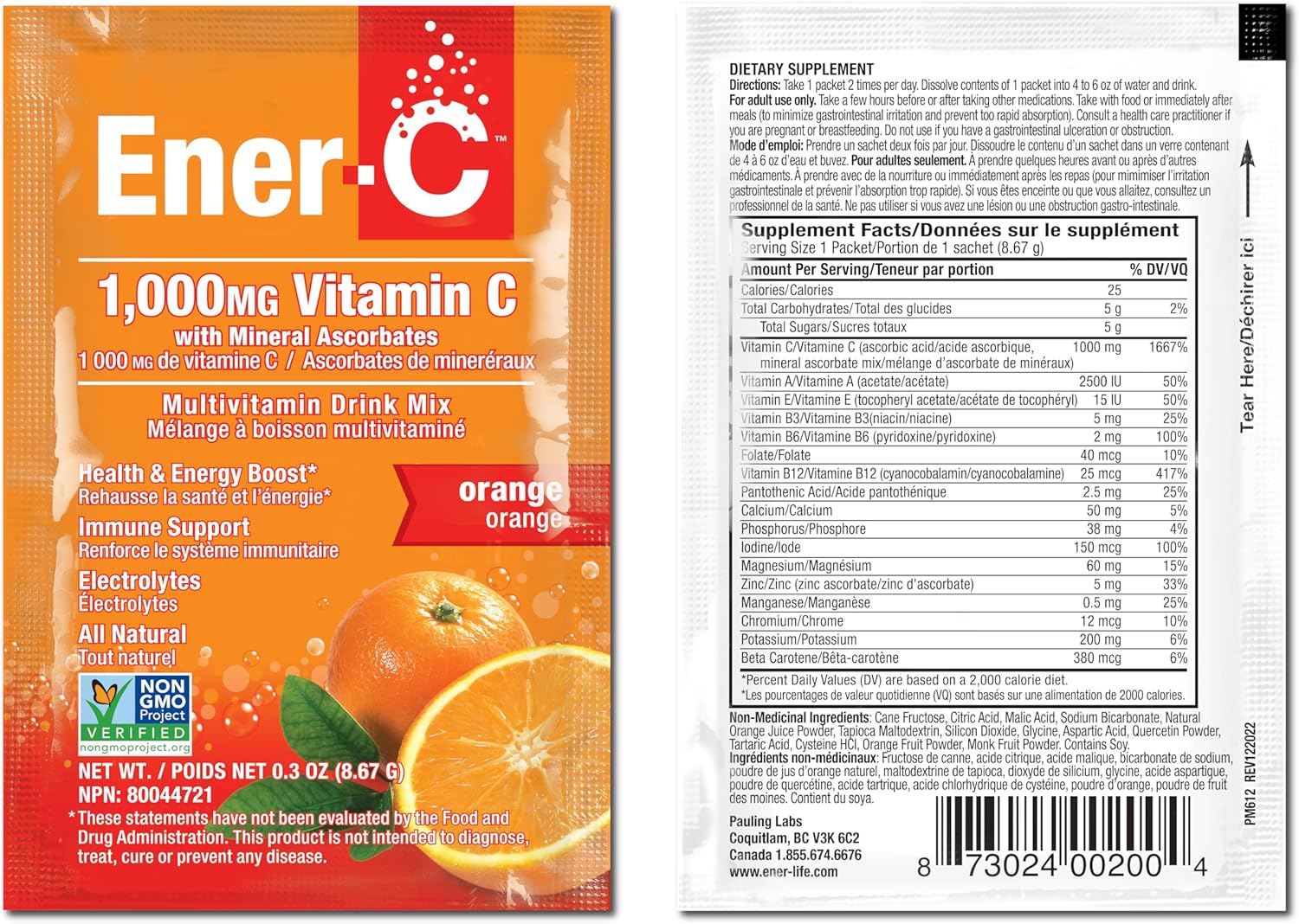Ener-C Orange Multivitamin Drink Mix Powder with 1000mg Vitamin C & Electrolytes - Natural Energy & Immune Support for Women & Men - Vegan & Gluten Free - 30 Packets