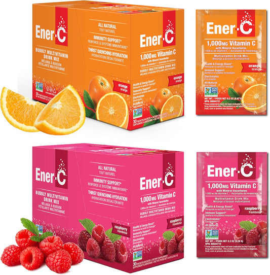 Ener-C Orange & Raspberry Multivitamin Drink Mix Powder - Vitamin C 1000mg & Electrolytes - Natural Energy & Immune Support - Non-GMO Vegan & Gluten Free - 60 Packets
