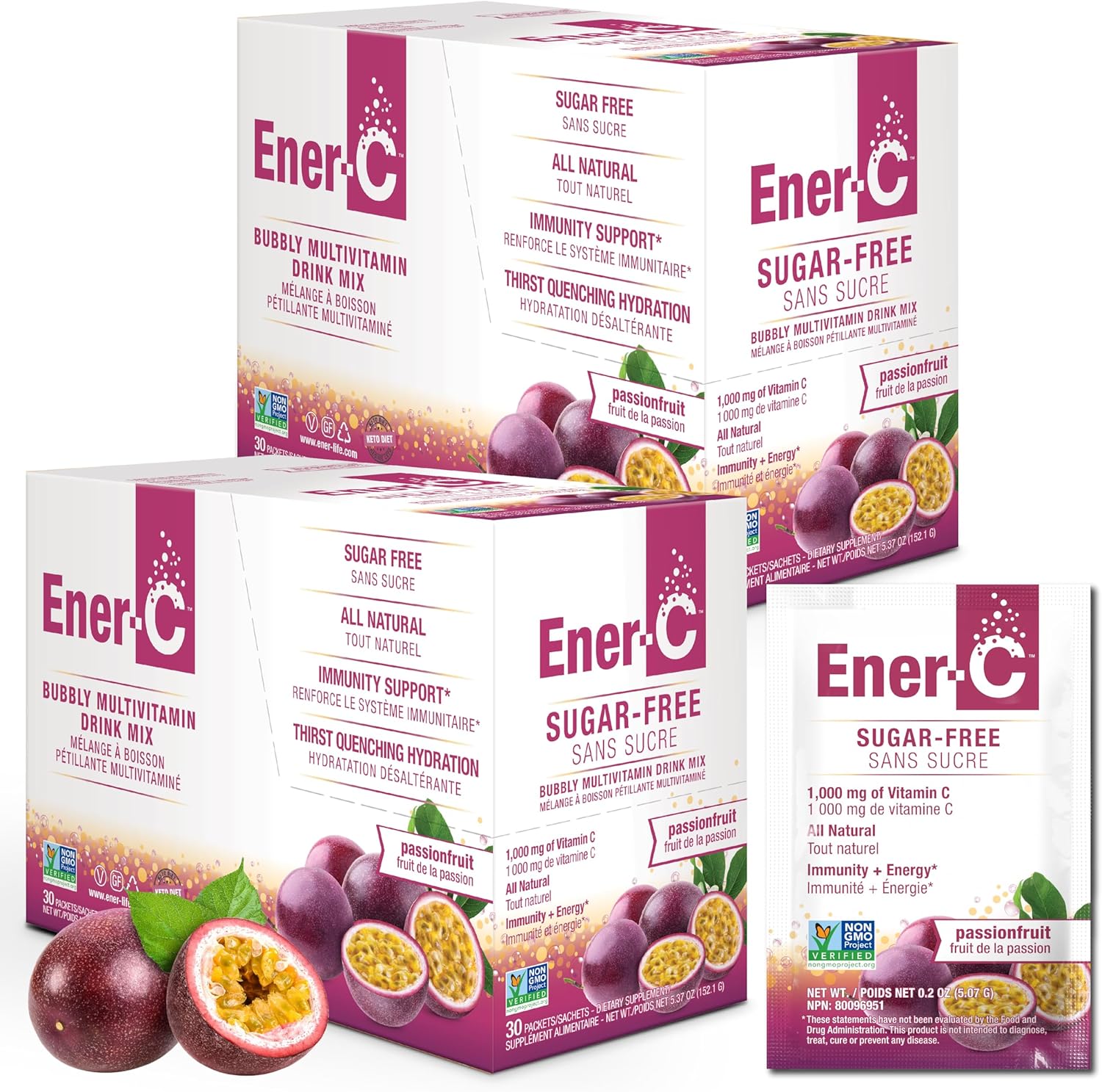 Ener-C Passion Fruit Multivitamin Drink Mix - Sugar Free Energy with 1000mg Vitamin C & Electrolytes - Immunity Support - Non-GMO Vegan, Gluten Free - 60 Pack