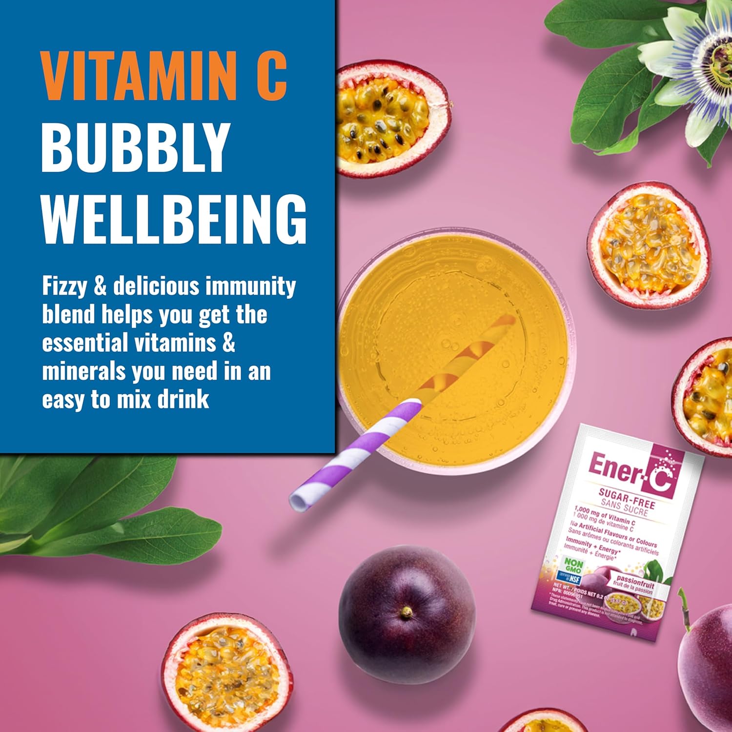 Ener-C Passion Fruit Multivitamin Drink Mix - Sugar Free Energy with 1000mg Vitamin C & Electrolytes - Immunity Support - Non-GMO Vegan, Gluten Free - 60 Pack