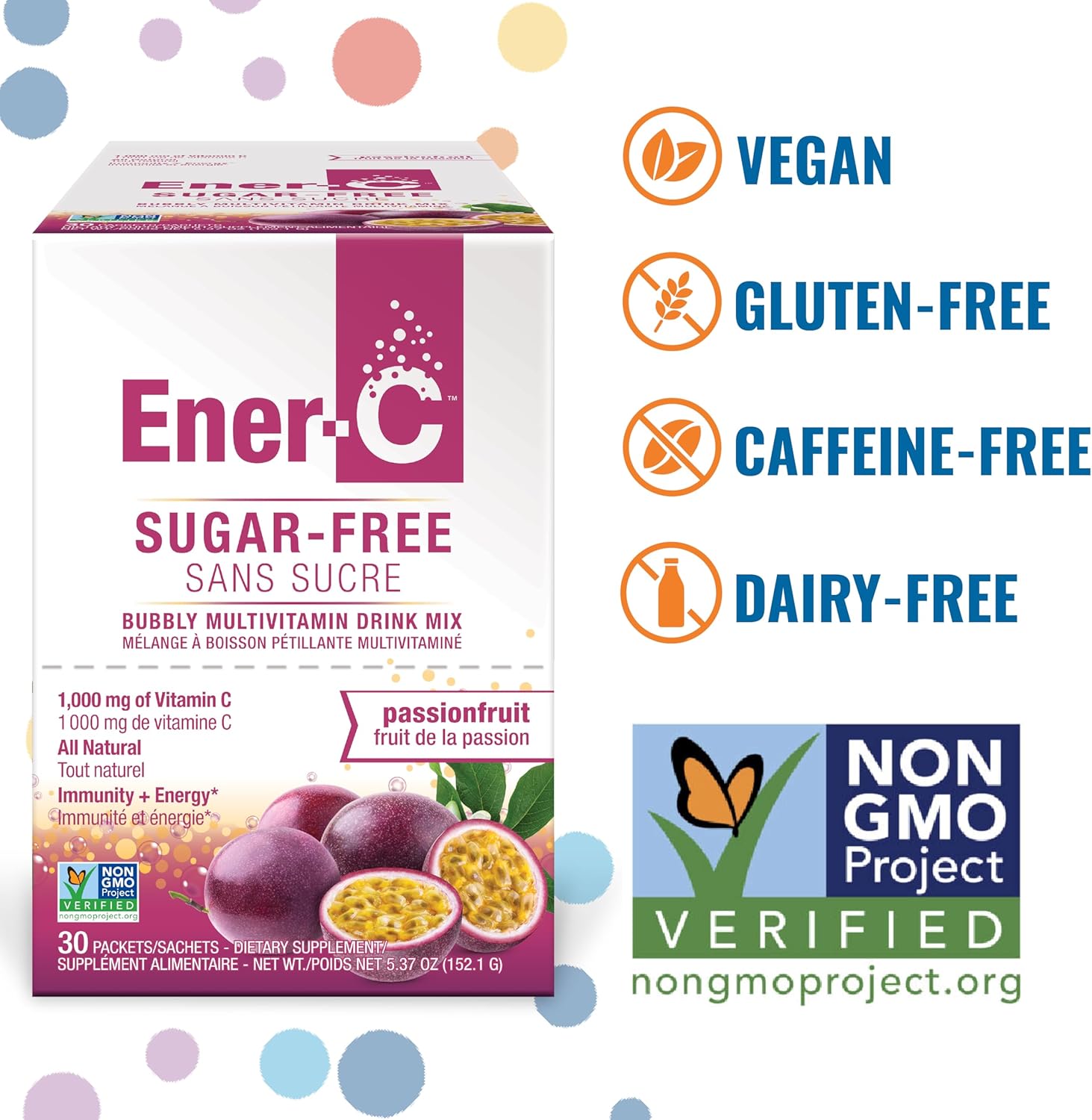 Ener-C Passion Fruit Multivitamin Drink Mix - Sugar Free Energy with 1000mg Vitamin C & Electrolytes - Immunity Support - Non-GMO Vegan, Gluten Free - 60 Pack