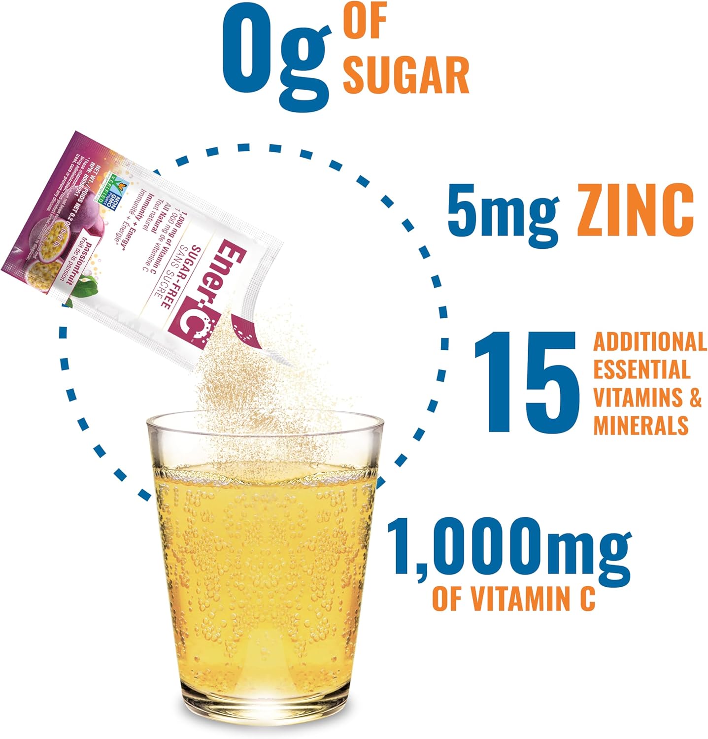 Ener-C Passion Fruit Multivitamin Drink Mix - Sugar Free Energy with 1000mg Vitamin C & Electrolytes - Immunity Support - Non-GMO Vegan, Gluten Free - 60 Pack
