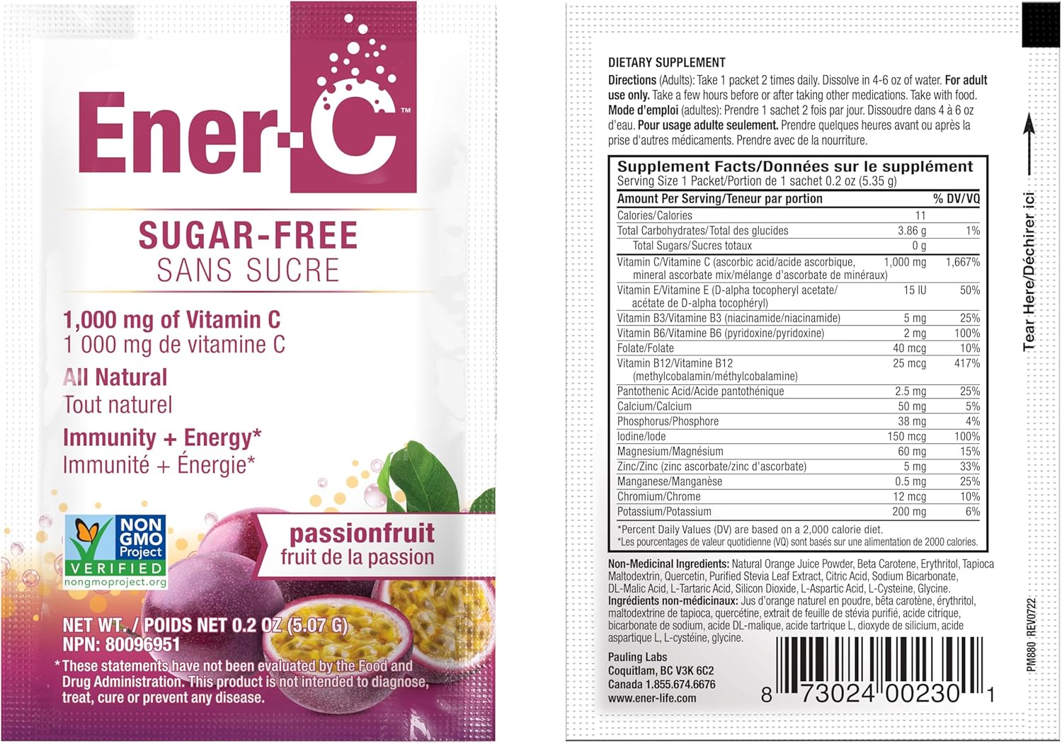 Ener-C Passion Fruit Multivitamin Drink Mix - Sugar Free Energy with 1000mg Vitamin C & Electrolytes - Immunity Support - Non-GMO Vegan, Gluten Free - 60 Pack