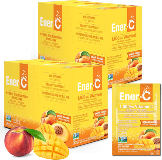 Ener-C Peach Mango Multivitamin Drink Mix Powder with Real Fruit Juice - Vitamin C 1000mg & Electrolytes - Natural Energy & Immune Support - Non-GMO Vegan & Gluten Free - 60 Count