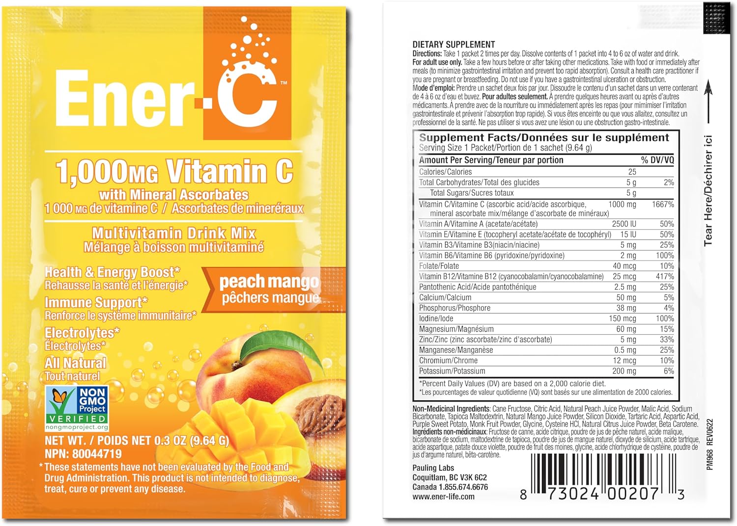 Ener-C Peach Mango Multivitamin Drink Mix Powder with Real Fruit Juice - Vitamin C 1000mg & Electrolytes - Natural Energy & Immune Support - Non-GMO Vegan & Gluten Free - 60 Count