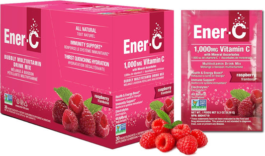 Ener-C Raspberry Multivitamin Drink Mix Powder - 1000mg Vitamin C & Electrolytes - Natural Energy & Immune Support - Non-GMO & Vegan - 30 Packets