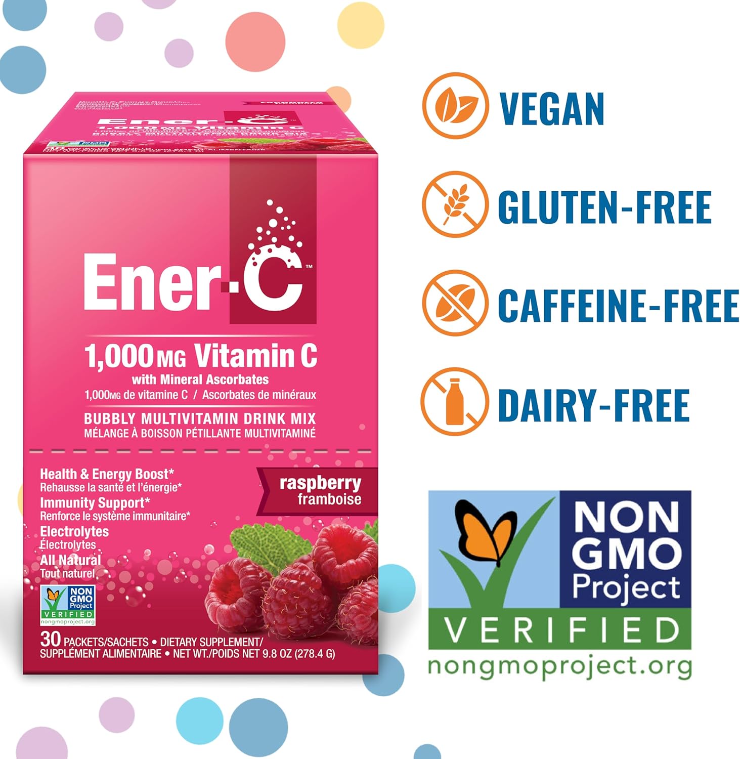 Ener-C Raspberry Multivitamin Drink Mix Powder - 1000mg Vitamin C & Electrolytes - Natural Energy & Immune Support - Non-GMO & Vegan - 30 Packets