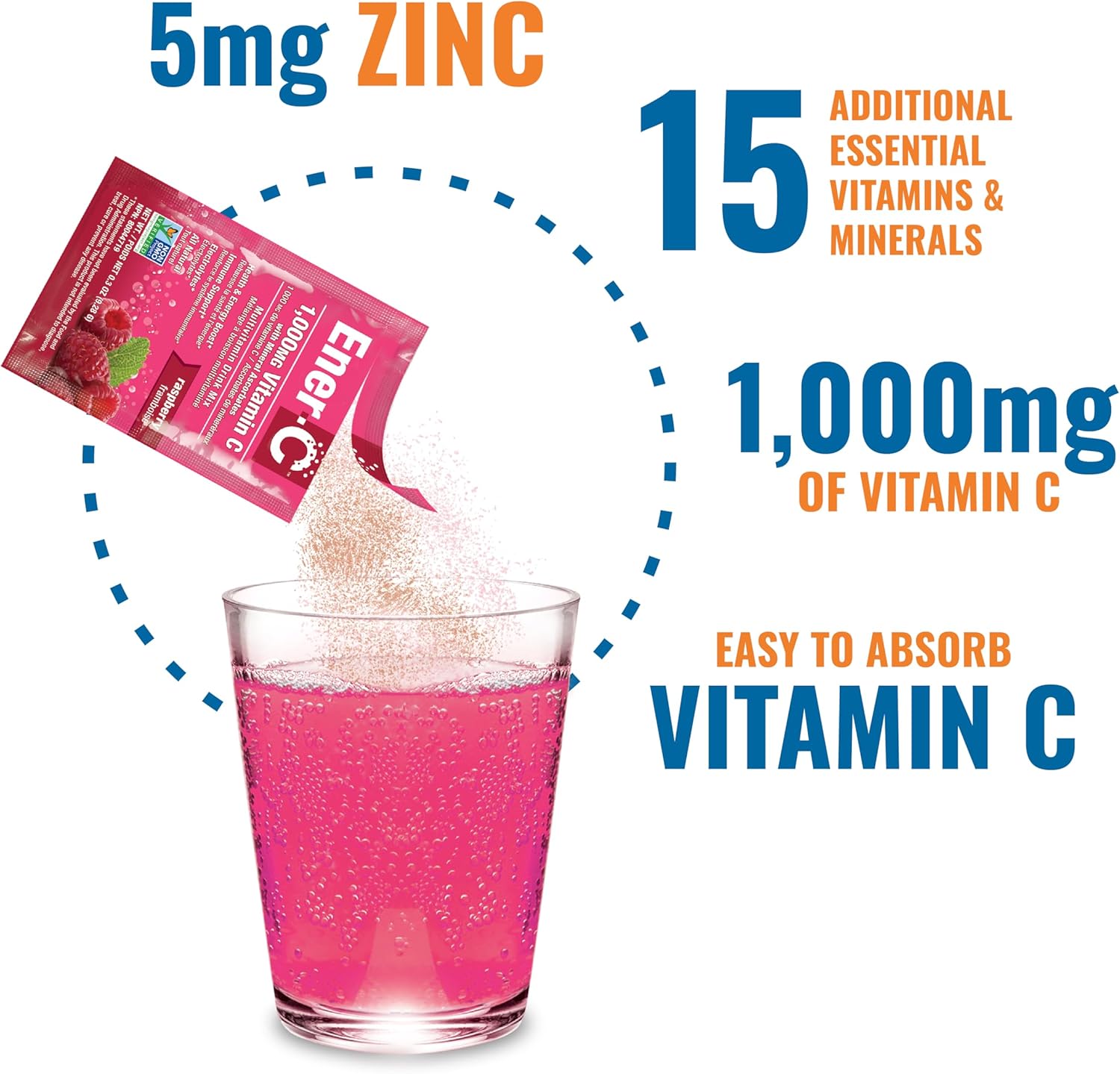 Ener-C Raspberry Multivitamin Drink Mix Powder - 1000mg Vitamin C & Electrolytes - Natural Energy & Immune Support - Non-GMO & Vegan - 30 Packets