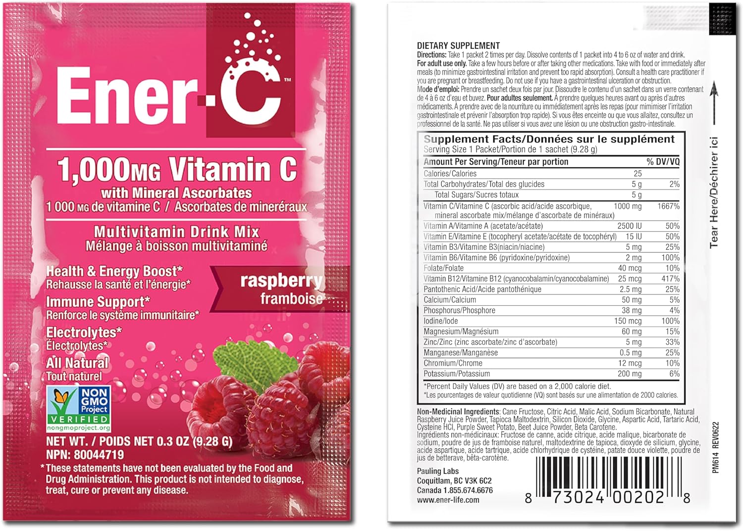 Ener-C Raspberry Multivitamin Drink Mix Powder - 1000mg Vitamin C & Electrolytes - Natural Energy & Immune Support - Non-GMO & Vegan - 30 Packets