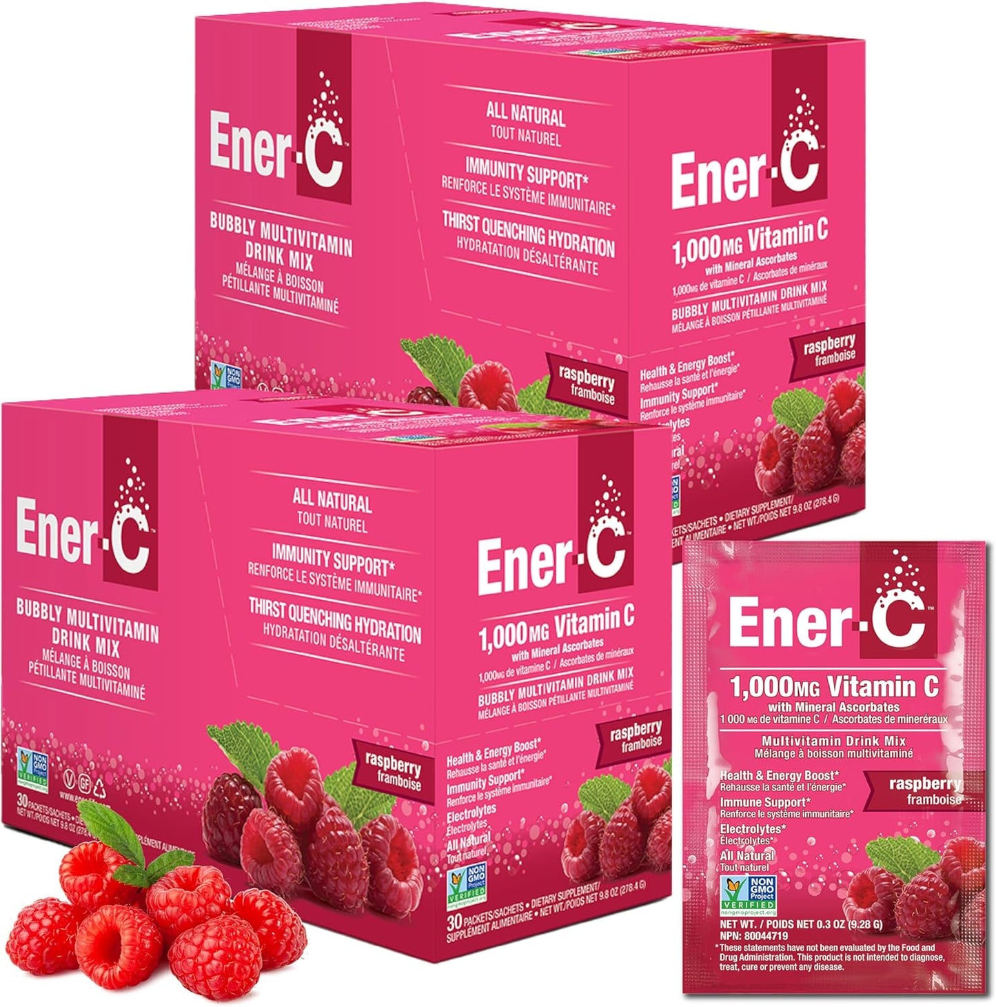 Ener-C Raspberry Multivitamin Drink Mix Powder - Vitamin C 1000mg & Electrolytes - Natural Energy & Immune Support - 60 Count