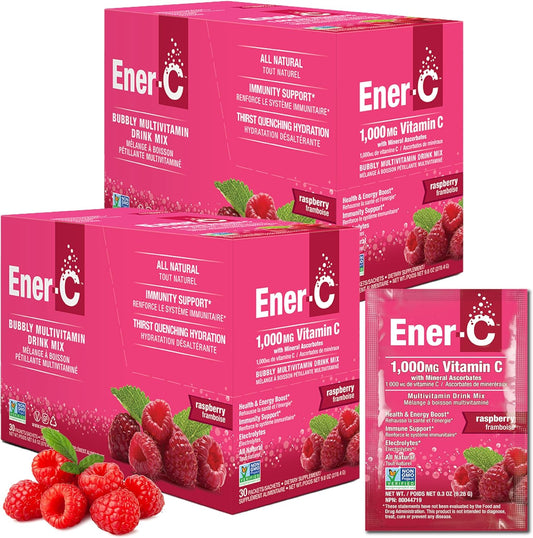 Ener-C Raspberry Multivitamin Drink Mix Powder - Vitamin C 1000mg & Electrolytes - Natural Energy & Immune Support - 60 Count