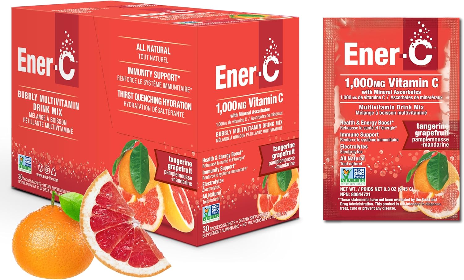 Ener-C Tangerine Grapefruit Multivitamin Drink Mix Powder - Vitamin C 1000mg with Electrolytes - Natural Energy & Immune Support - Vegan & Gluten Free - 30 Packets