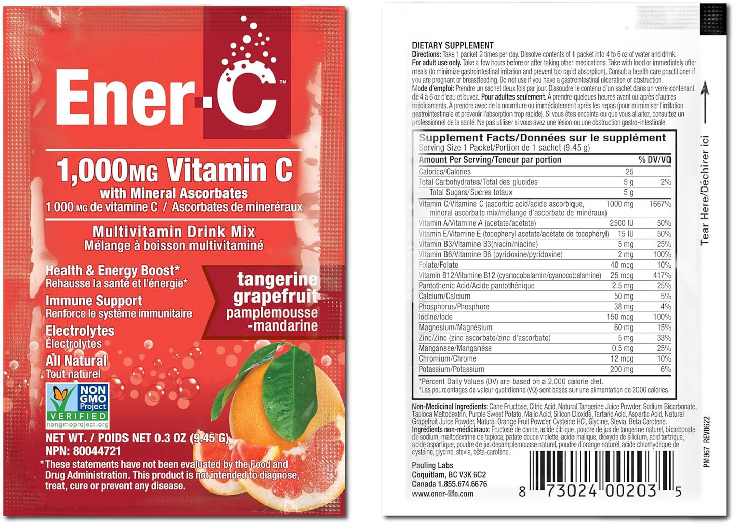 Ener-C Tangerine Grapefruit Multivitamin Drink Mix Powder - Vitamin C 1000mg with Electrolytes - Natural Energy & Immune Support - Vegan & Gluten Free - 30 Packets